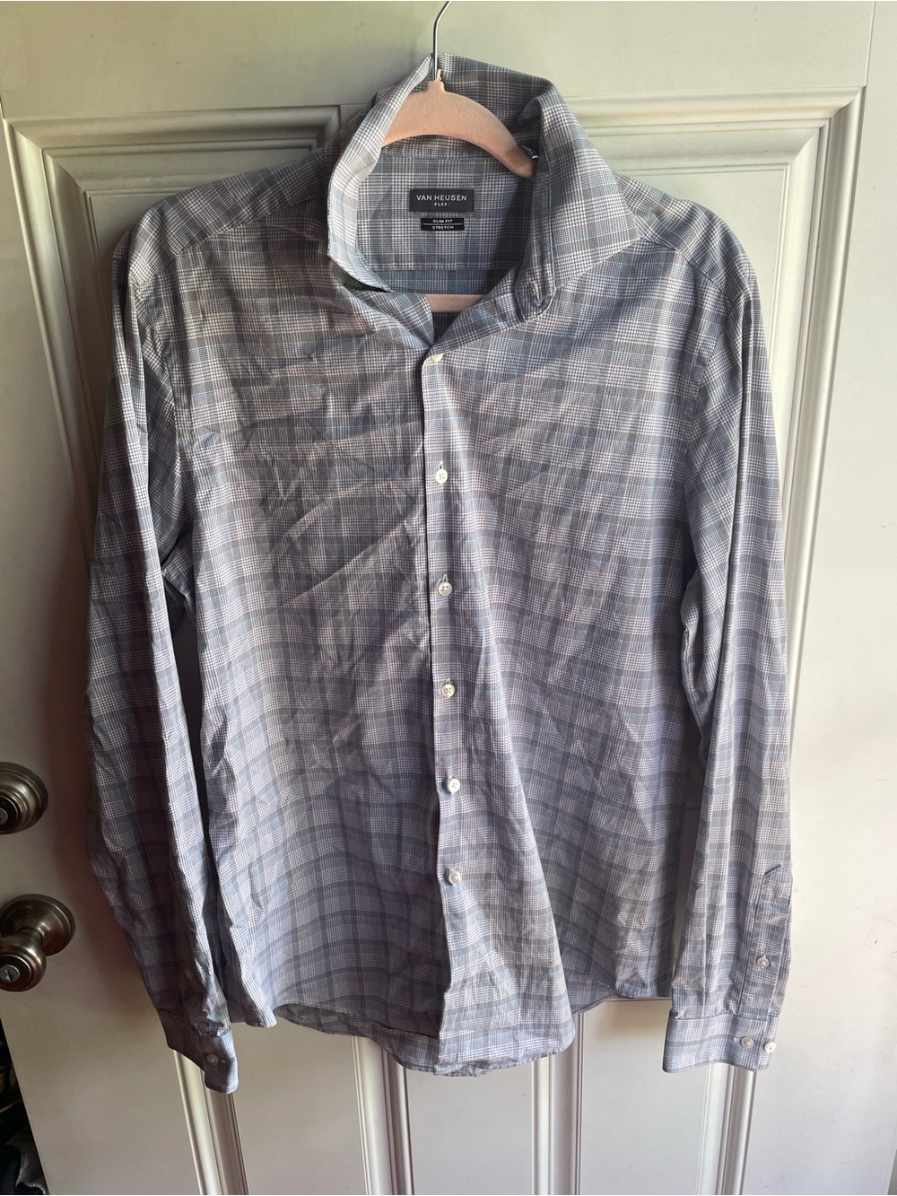 Van Heusen Flex Slim Fit Stretch Gray and Blue Plaid Dress Shirt